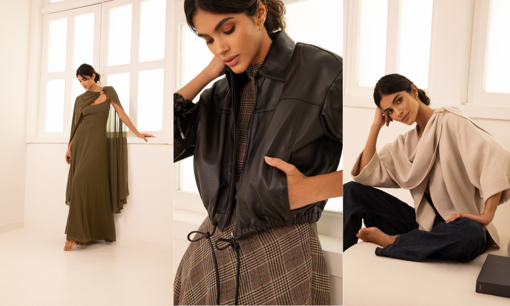 Mulher usando looks em tons neutros e terrosos: vestido verde oliva, jaqueta preta e calça xadrez marrom. O significado das cores inspira sofisticação e elegância para a virada.