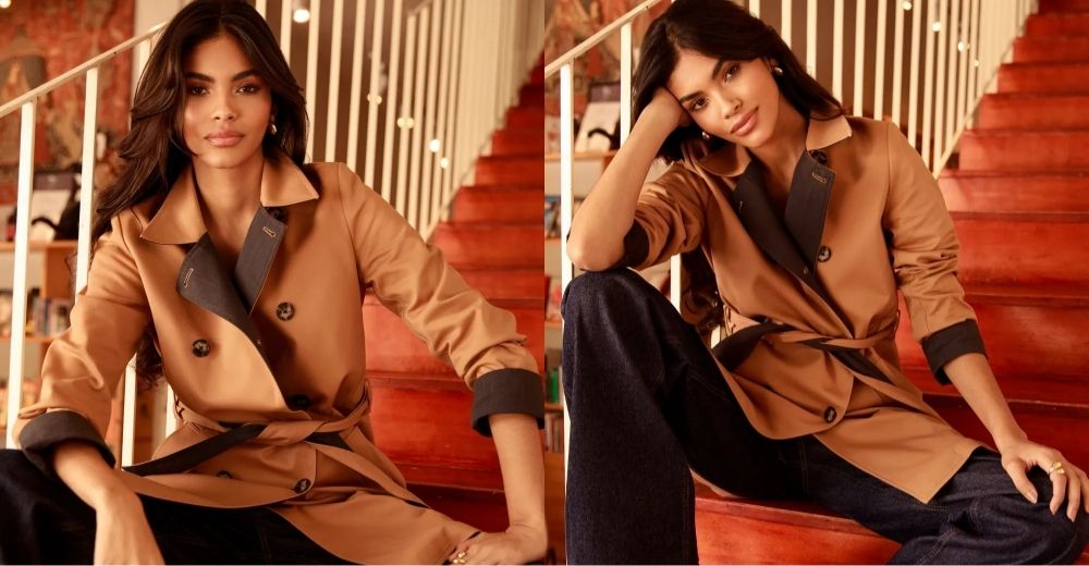 Mulher na moda feminina de outono, usando trench coat bege com detalhes escuros, estilo casual e elegante, trendy e confortável, em um cenário aconchegante.
