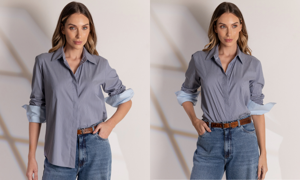 Modelo feminina usando camisa social azul listrada e jeans, em pose de estúdio com as mãos na cintura, mostrando um visual casual elegante que pode inspirar um guarda-roupa cápsula